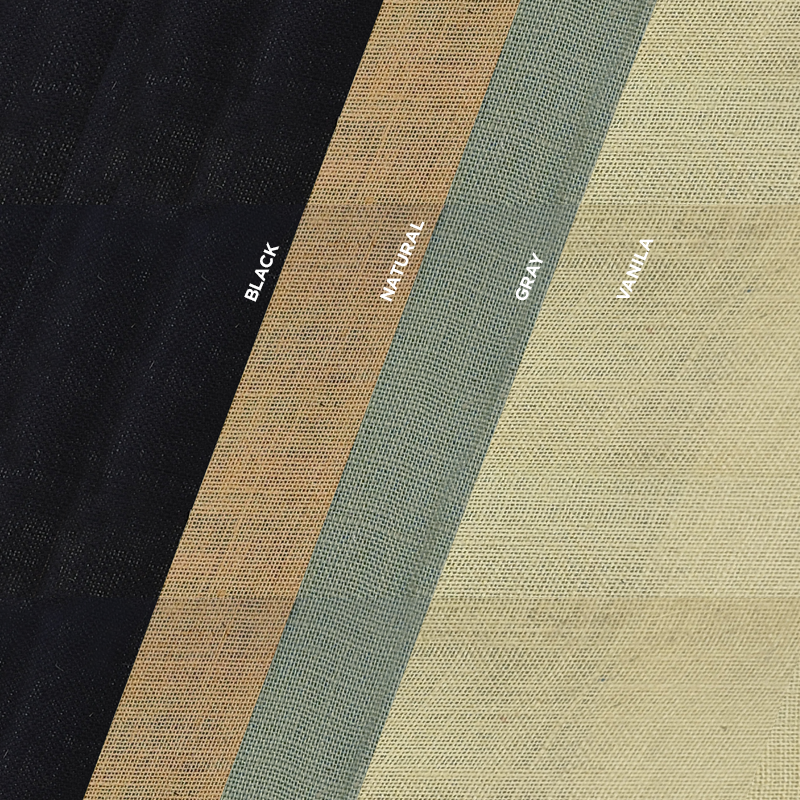 Four colors of jute fabric including black, gray, vanilla and natural. The fabric swatches are laid one on top of the other at an angle.