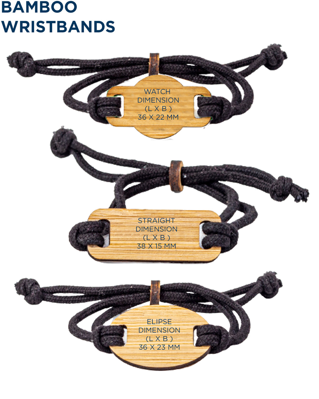 Three samples of bamboo wristbands all in a row. Each wristband has a different shape to the face plate including watch style, straight rectangular style and an ellipse.