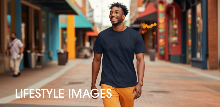 A man wearing a fair trade organic navy blue shirt and yellow pants walks down a pedestrian street with colorful buildings in the background.