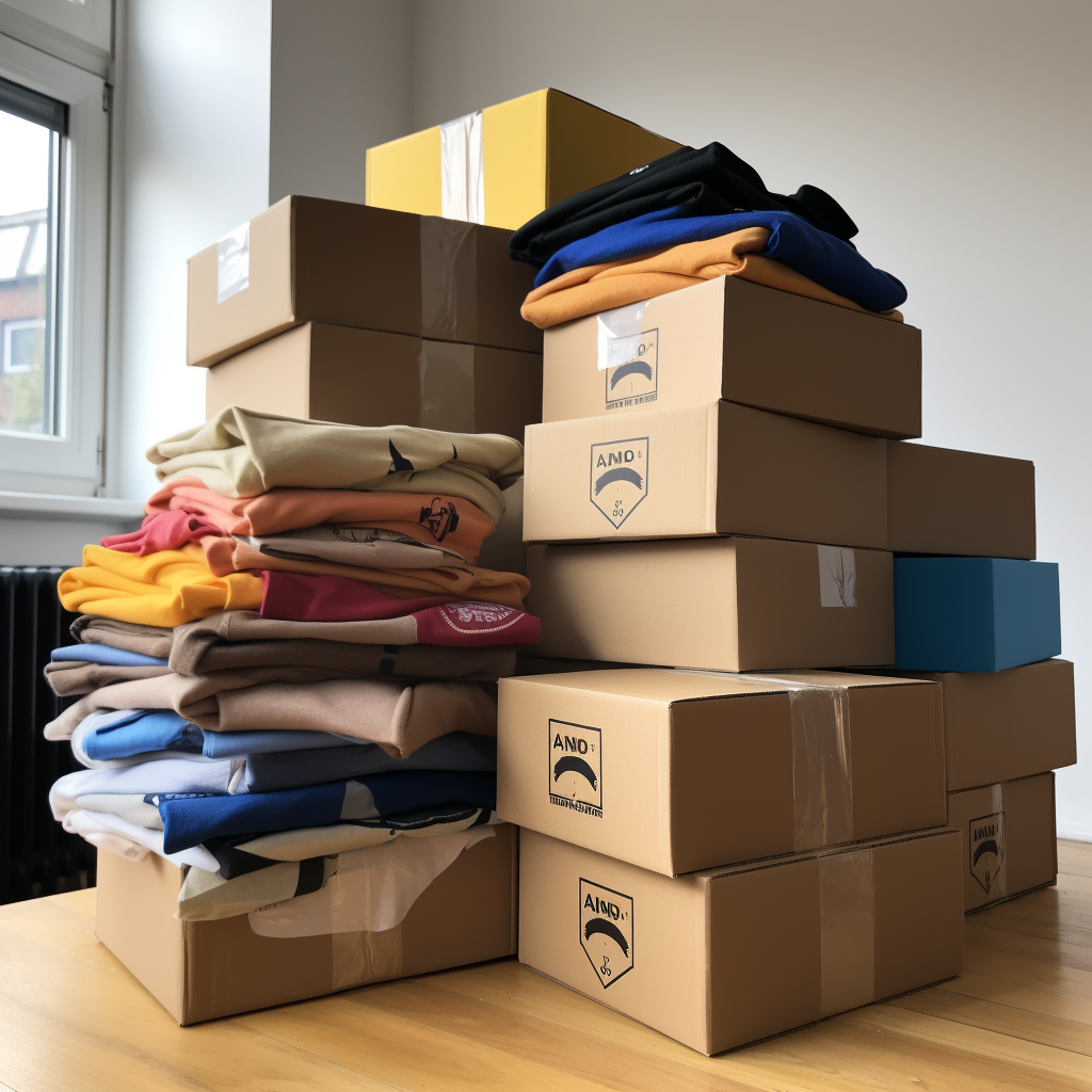 A stack of boxes and t-shirts stacked on top of the boxes packed up ready to ship.