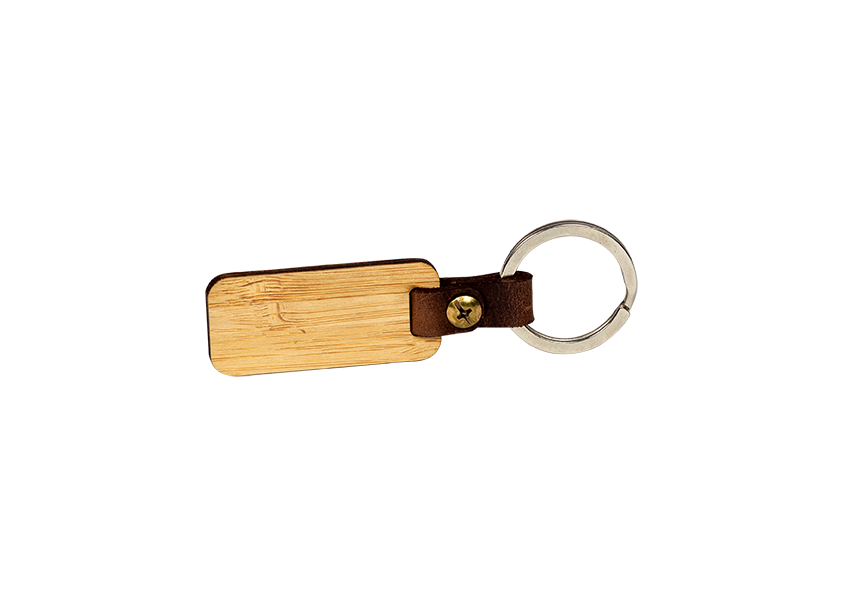 A Certified organic 3mm ply bamboo keychain with keyring on a white background.