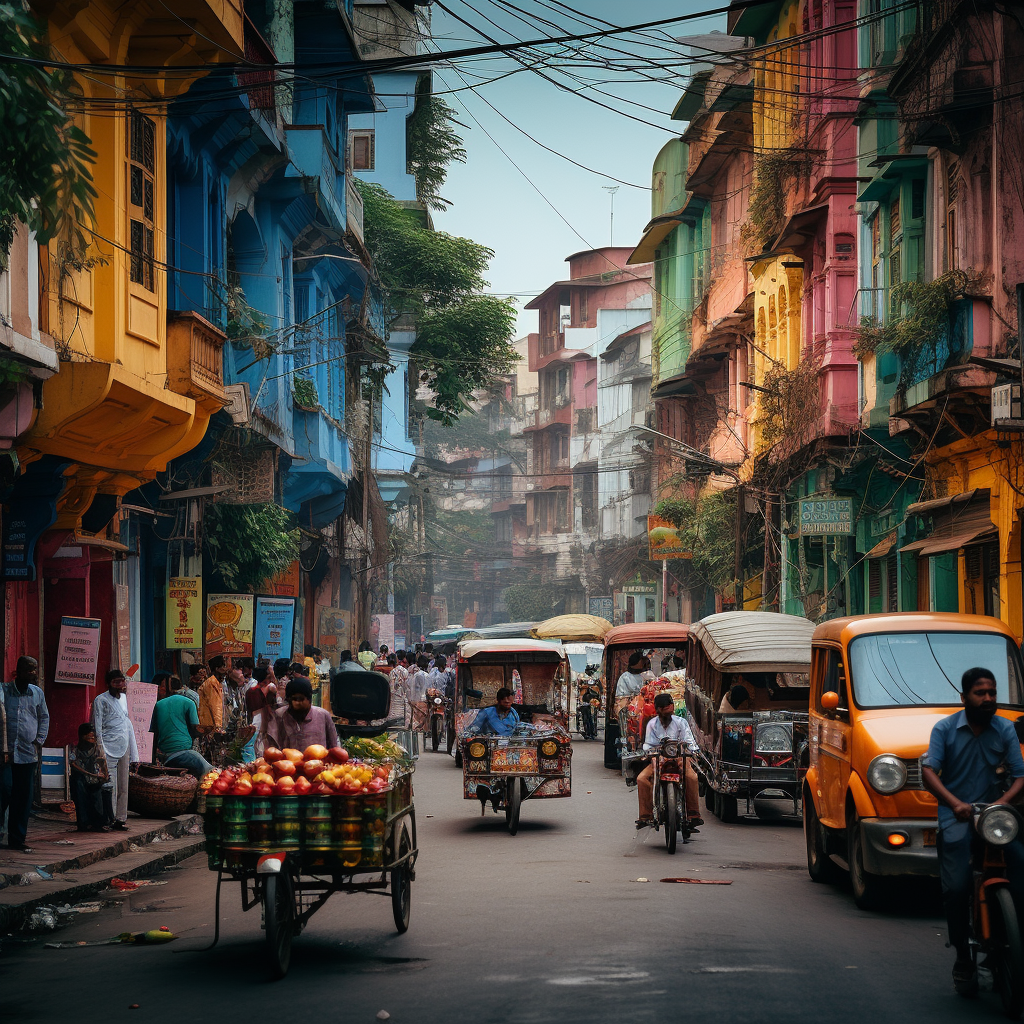 Rickshaws pricing through the streets of Kolkata with people walking on the sidewalks and a street car filled with brightly colored fruit.