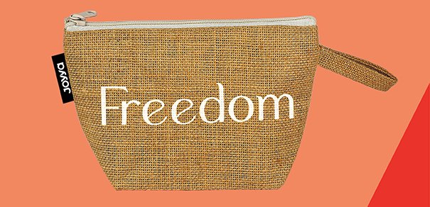 A natural colored jute pouch with a white zipper and wristlet strap on the right side. The pouch has the word Freedom printed in white and the image in on coral and red background.