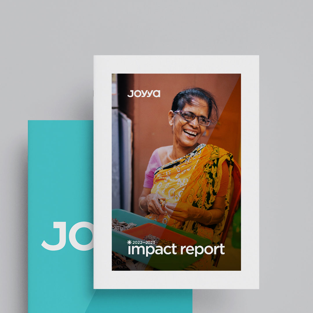 Image of the first page of the Joyya Impact Report on a white background