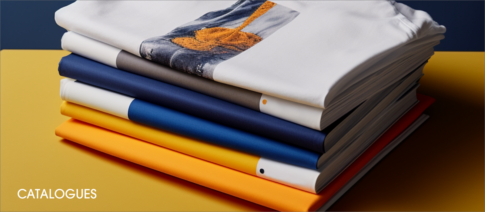 A stack of white, yellow and blue t-shirts and catalogues pilled up on a yellow table with a navy background. 