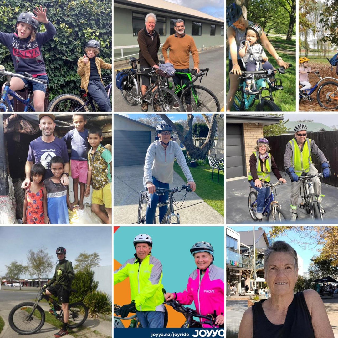 A grid of 9 images of people from all around the world participating in the Joy Ride Event. 