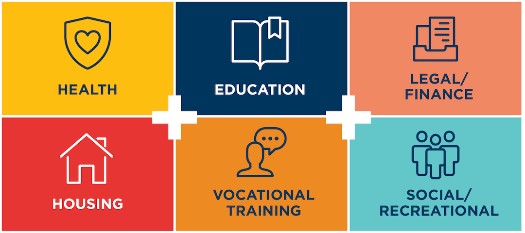 A chart with 6 sections and each section has an icon and a title. The titles read Health, Education, Legal/Finance, Housing, Vocational Training and Social / Recreational. 