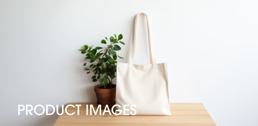 A tote bag sitting on a table against a wall next to a plant. The behind the organic cotton bag is white. 
