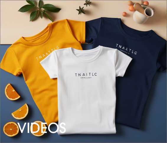 Three t-shirts fanned out on a table surrounded by a plant, a pitcher, and some oranges. The fair trade organic t-shirts are yellow, navy and white. 